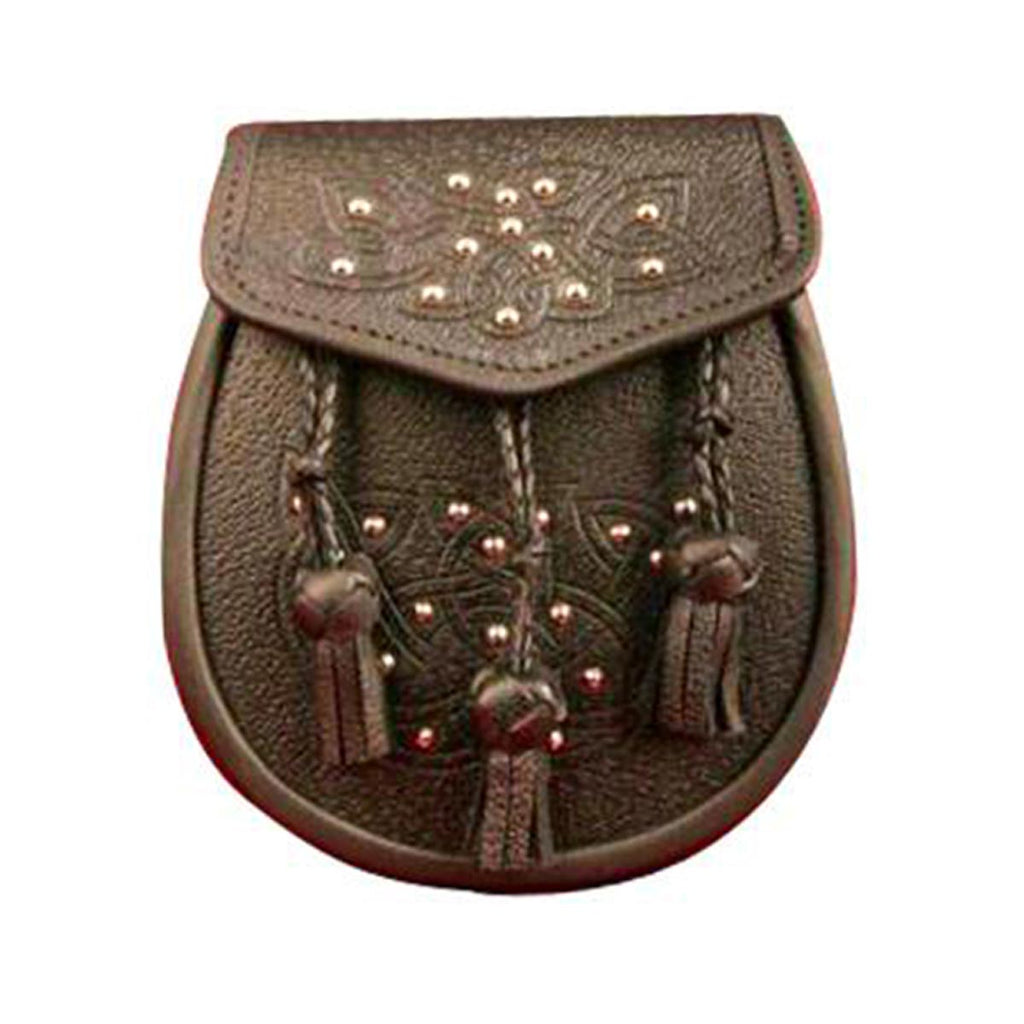 Black or Brown Plain Leather Sporran Plaited Front With 3 Knotted Tassels
