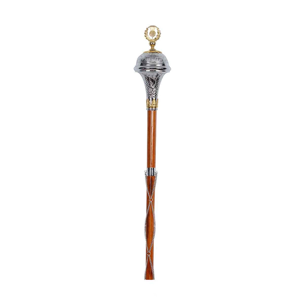 Drum Major Mace or Stave Chrome Embossed Head with Gold Thistle Flower Top - House Of Scotland