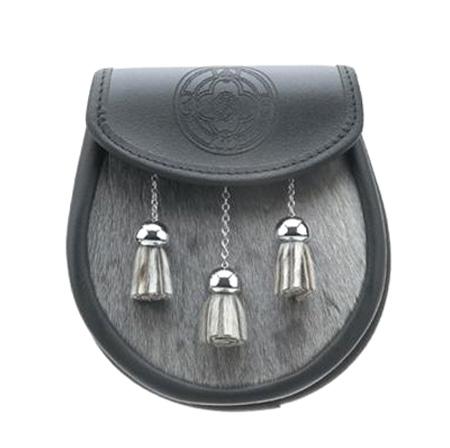 2001A-Semi Dress Grey Seal skin Sporran black leather with chain belt- - House Of Scotland