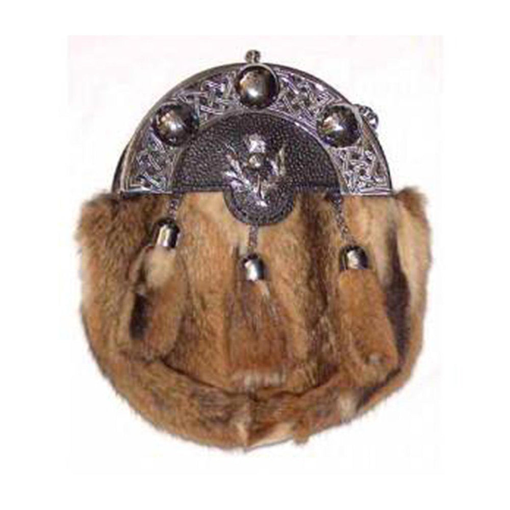 Black or Brown Grained Leather Celtic Sporran Rabbit Fur Thistle badge