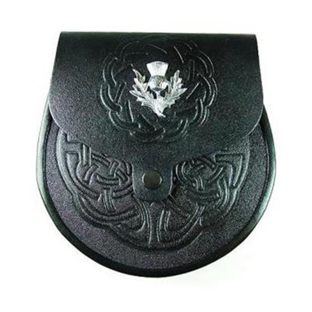 Black or Brown Grained Leather Sporran Embossed Front With Thistle Badge
