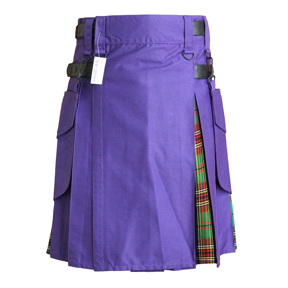 Heavy Cotton Hybrid Kilt Purple Color With Tartan