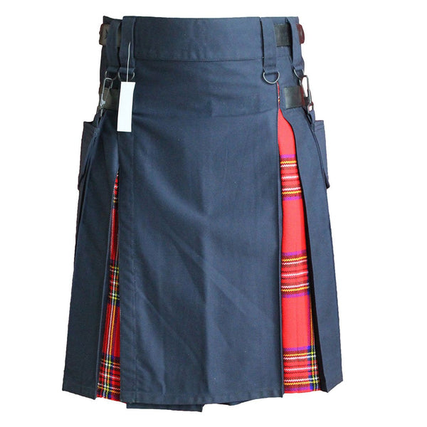 house-of-scotland-heavy-cotton-hybrid-kilt-navy-blue-color-with-royal-stewart-tartan-front