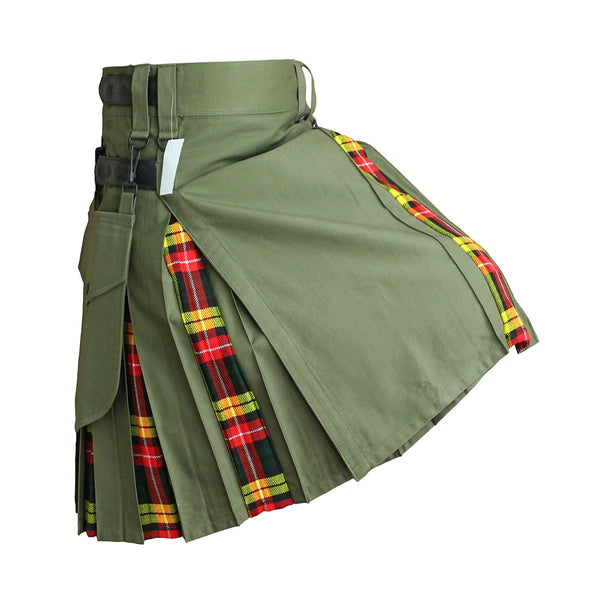 house-of-scotland-heavy-cotton-hybrid-kilt-olive-green-color-with-buchanan-tartan