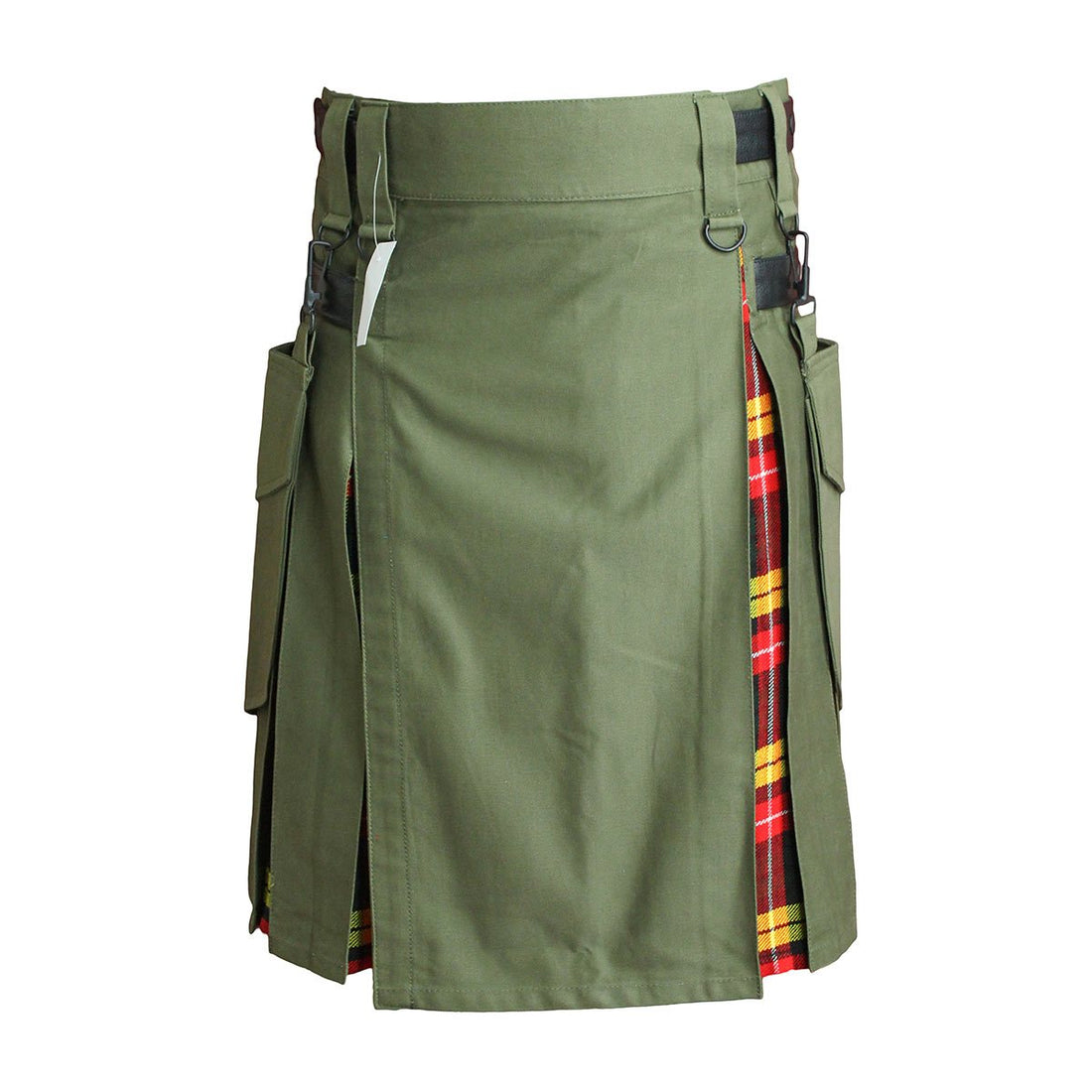 house-of-scotland-heavy-cotton-hybrid-kilt-olive-green-color-with-buchanan-tartan