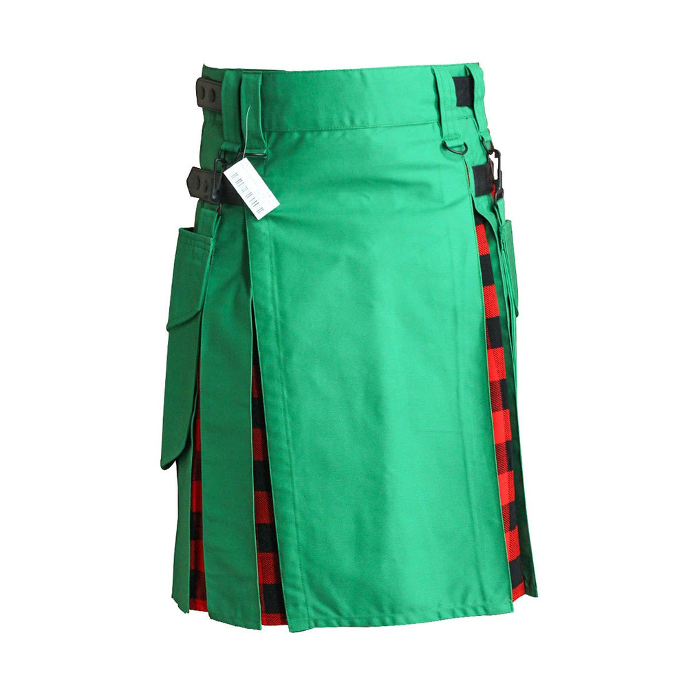 Heavy Cotton Hybrid Kilt Green Color With Tartan