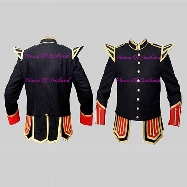 Black Military Doublet Blazer Wool Red Cuffs And Flaps Gold Braid - House Of Scotland