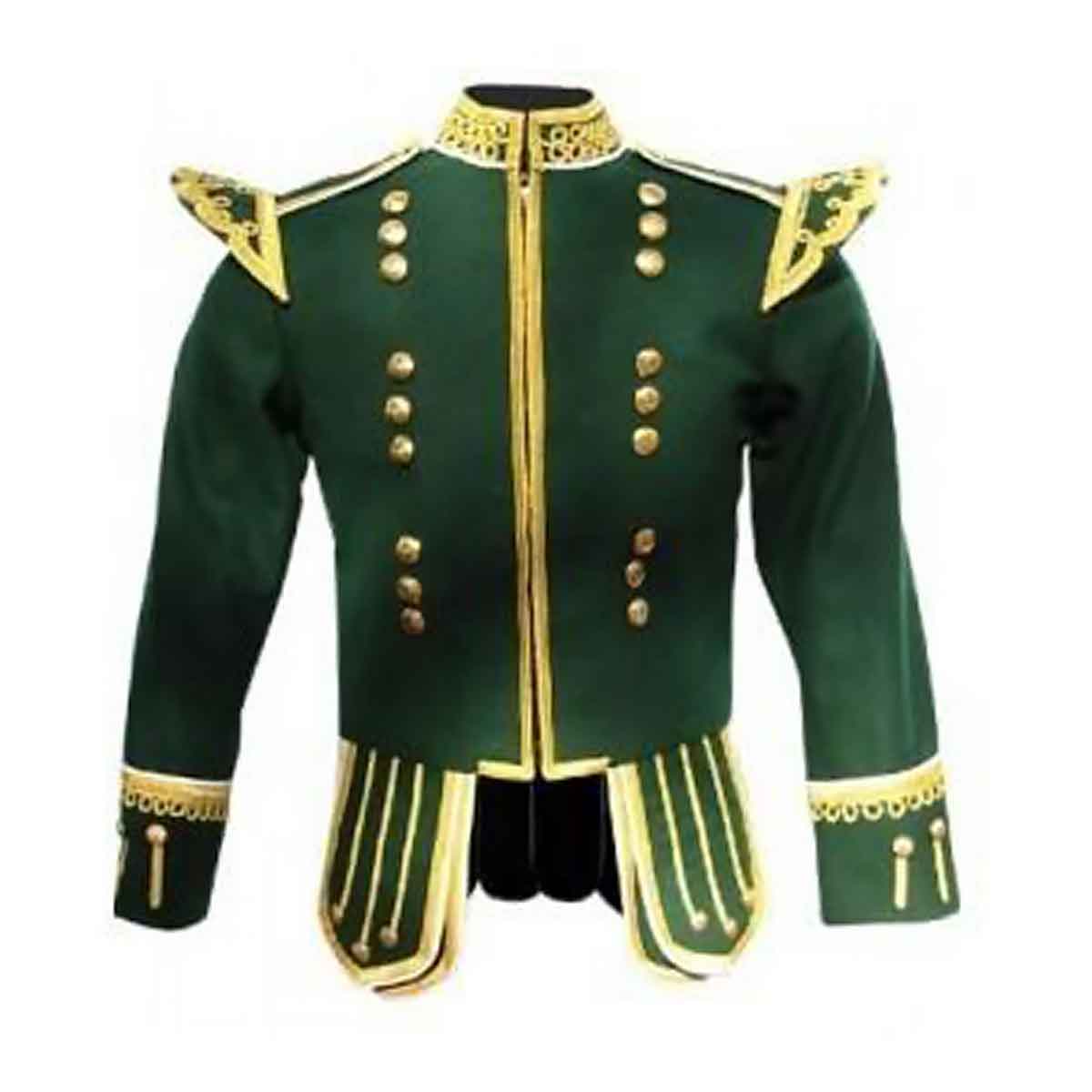 Forest Green Doublet Fancy Blazer Wool Gold Braid White Piping Zip Closure - House Of Scotland