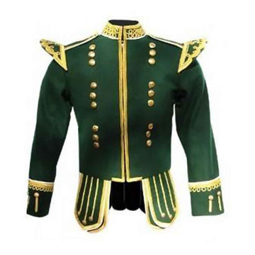 Forest Green Doublet Fancy Blazer Wool Gold Braid White Piping Zip Closure - House Of Scotland