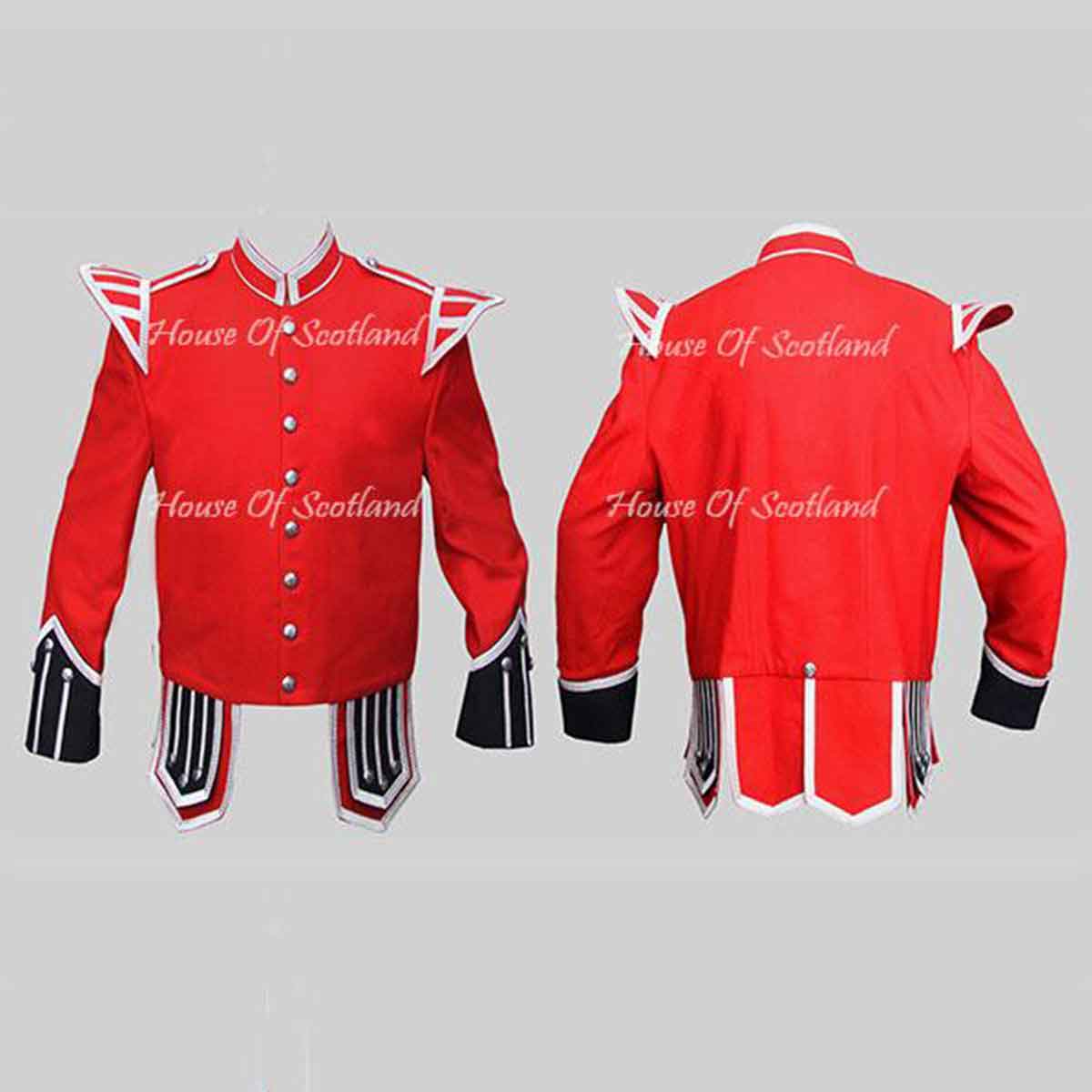 Red Military Doublet Blazer Wool Black Cuffs And Flaps Silver Braid - House Of Scotland