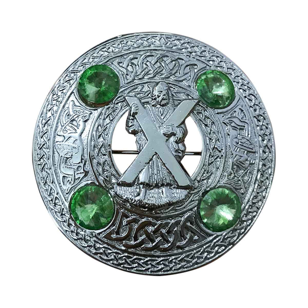 Plaid Brooch Saint Andrew Round 4 Green Stones - House Of Scotland