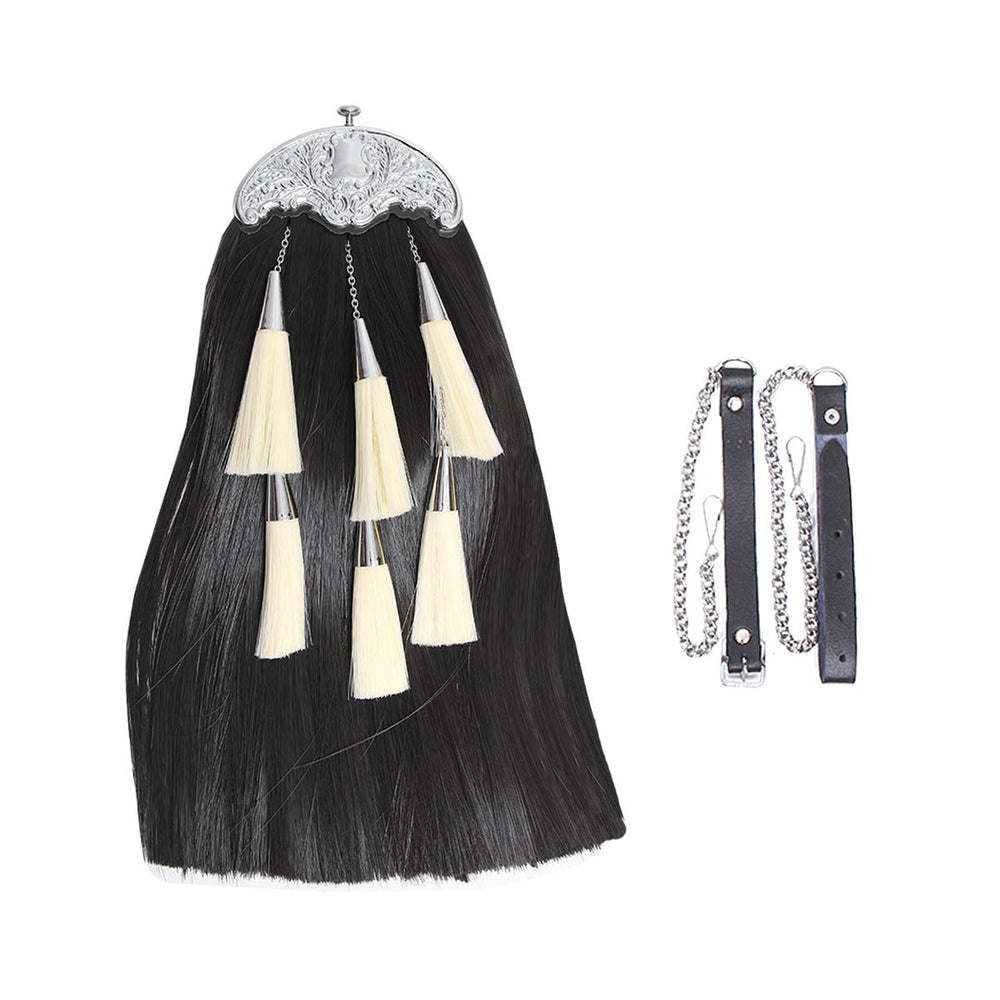 Synthetic Long Hairs Sporran Black Color Body With 5 White Color Tassels