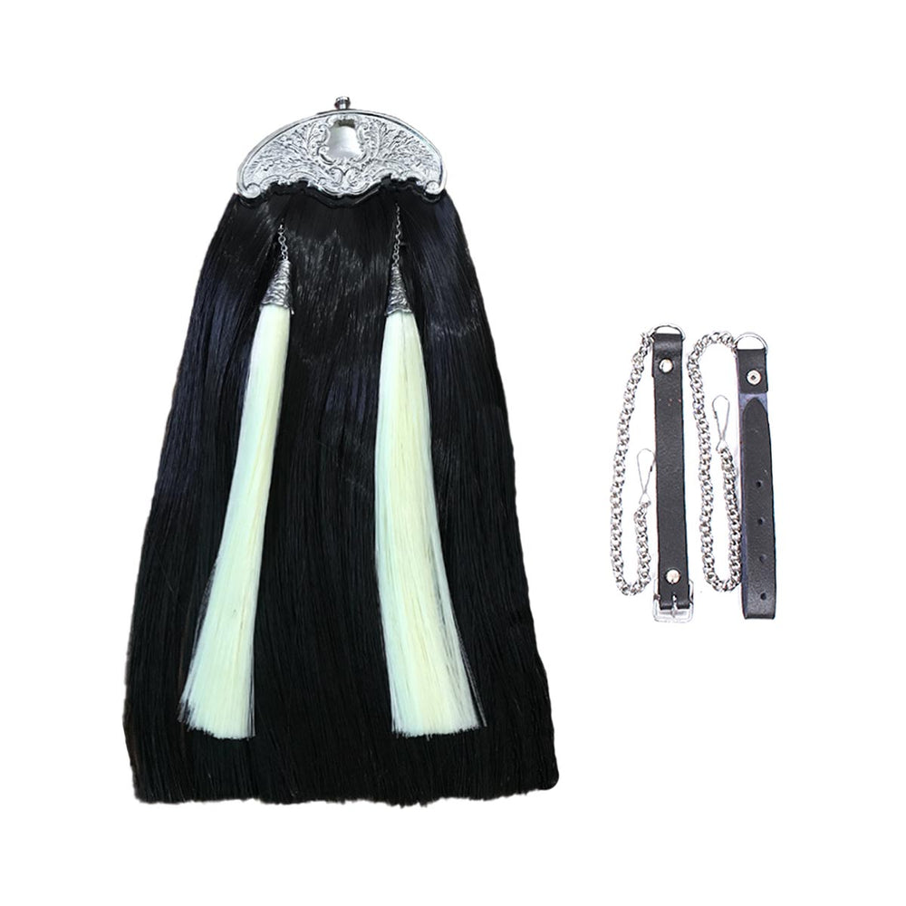 Synthetic Long Hairs Sporran Black Color Body With Two White Tassels