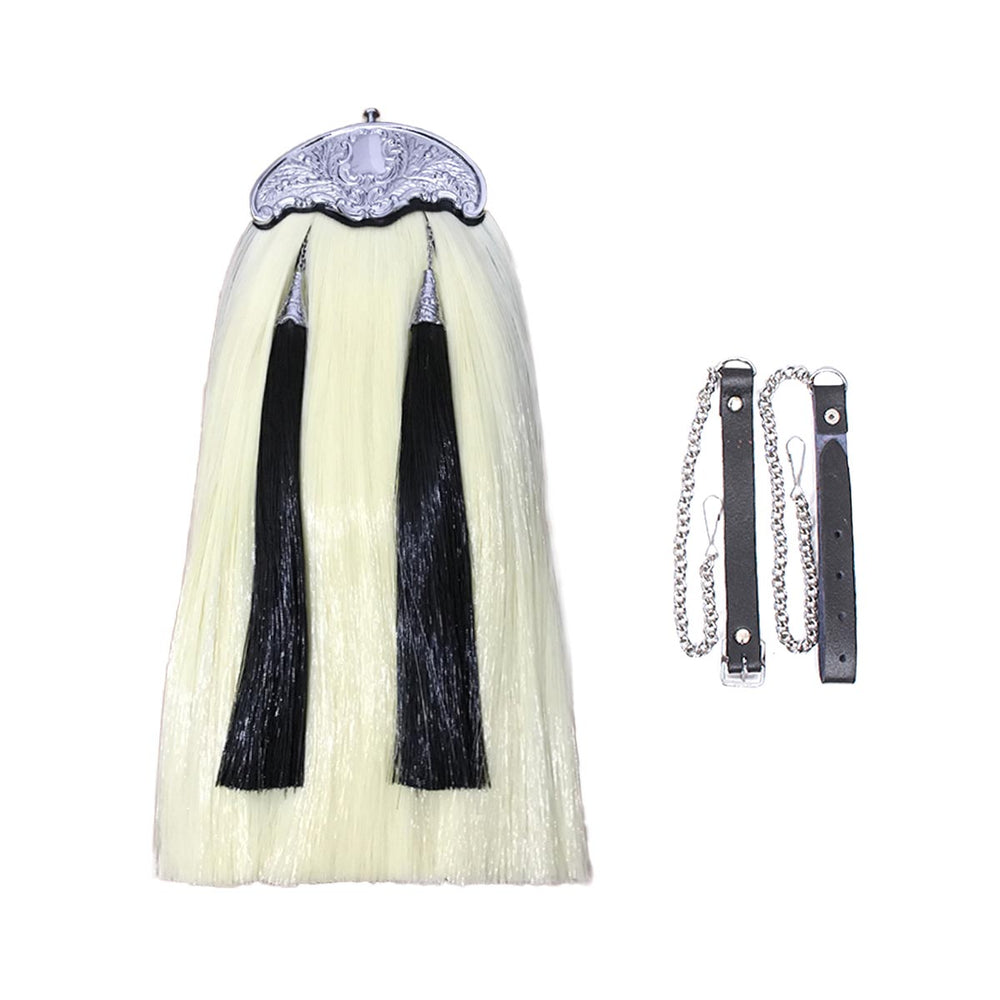 Synthetic Long Hairs Sporran White Color Body With Two Black Tassels